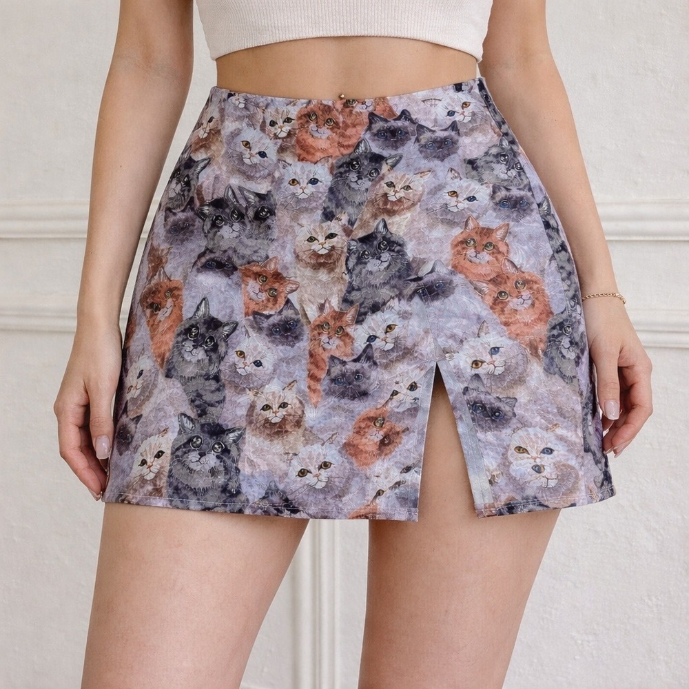 SHEIN‎ MOD Cat Print Mini Skirt Sz M Multicolor Kitten Kitty Cat Lover Graphic